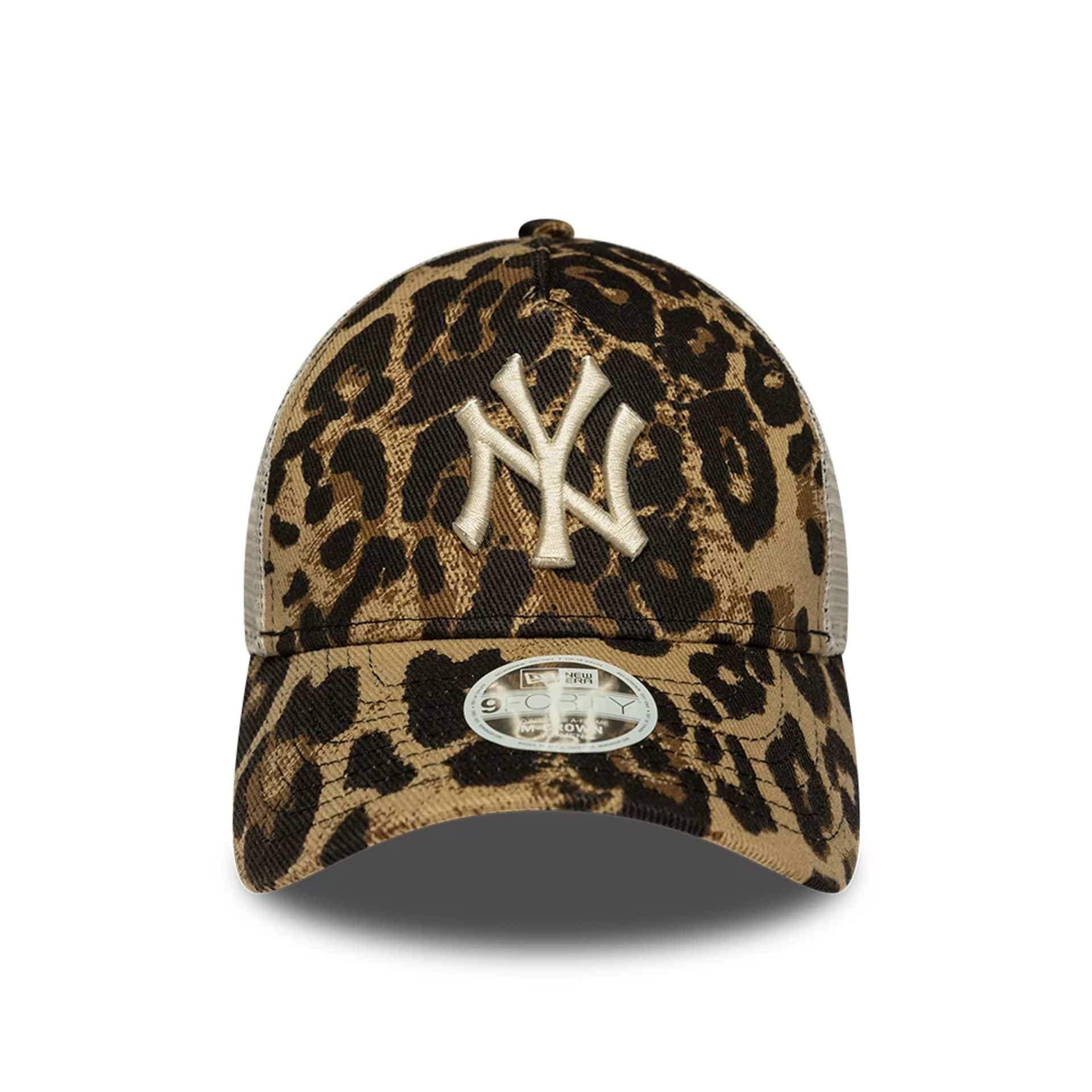 Pictured is this Womens MLB Leopard New York Yankees 9FORTY M-Crown A-Frame Trucker cap in dark brown. 2