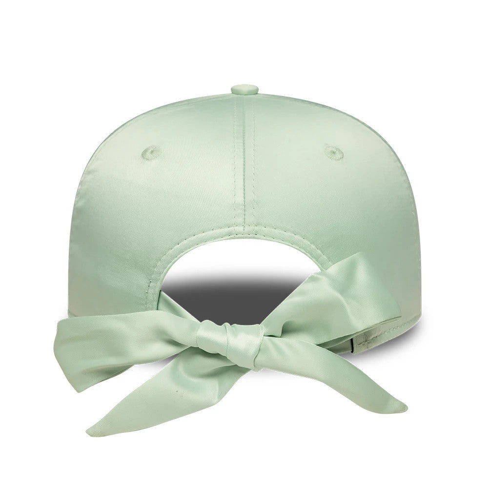 LA Dodgers Womens MLB Satin Bow Back Pastel Green New Era 9FORTY Adjustable Cap, rear view featuring an elegant satin bow tied at the back, highlighting the soft pastel green colour and satin finish of the structured crown.