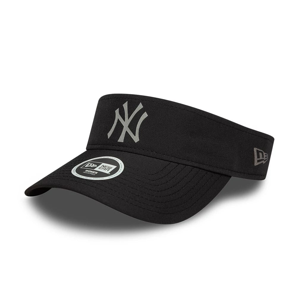 New Era New York Yankees Womens MLB Sport Black Visor Cap, front view showing the prominent grey NY logo embroidered on the front panel, a curved black visor with a New Era 9FORTY size sticker, and the New Era flag logo on the left side.