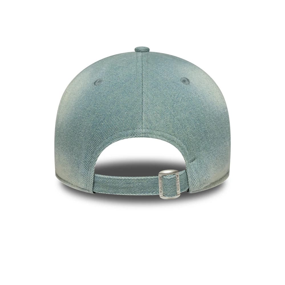 LA Dodgers Womens MLB Denim Light Blue New Era 9TWENTY A-Frame Adjustable Cap, rear view showing the unstructured denim crown with a curved visor, New Era flag logo below the back opening, and an adjustable strap with a buckle.