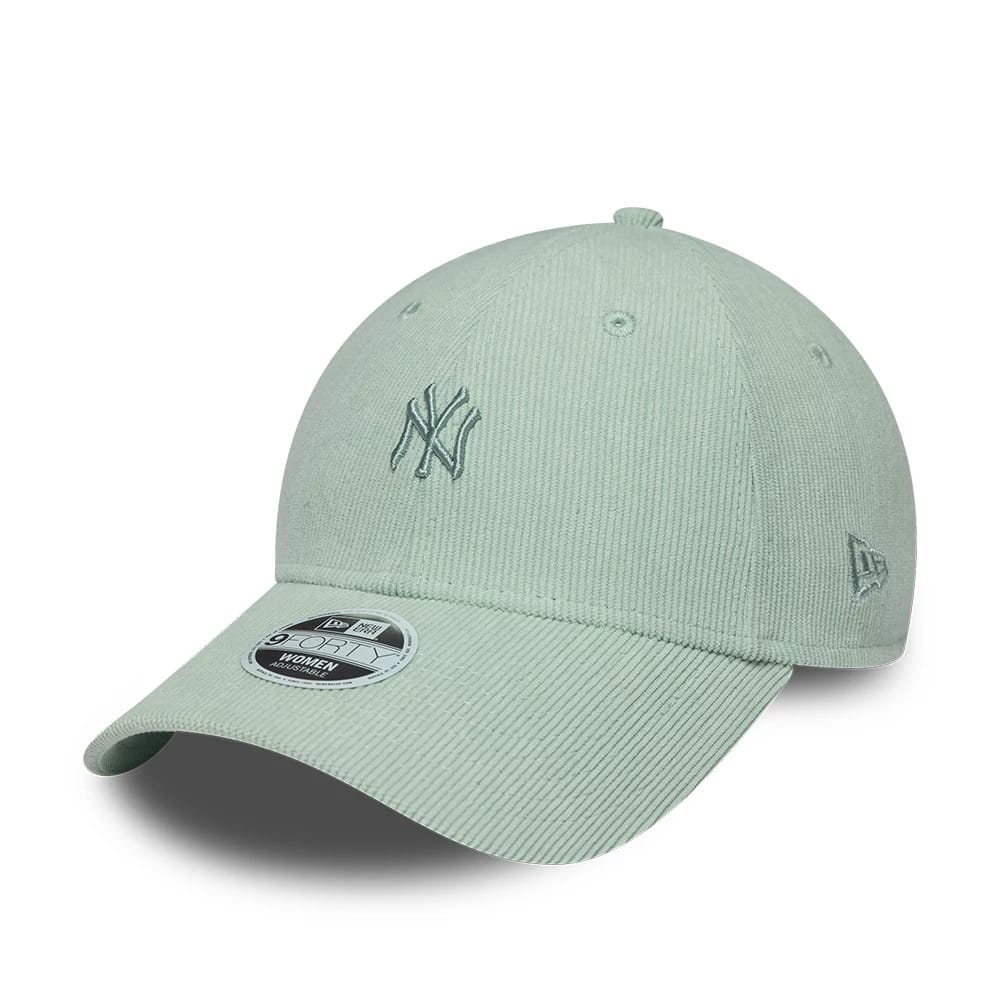 New York Yankees Womens MLB Cord Pastel Green New Era 9FORTY Adjustable Cap, three-quarter view showing the raised embroidered NY logo on the front panel, matching pastel green visor with a 9FORTY size sticker, and New Era flag logo on the left side.