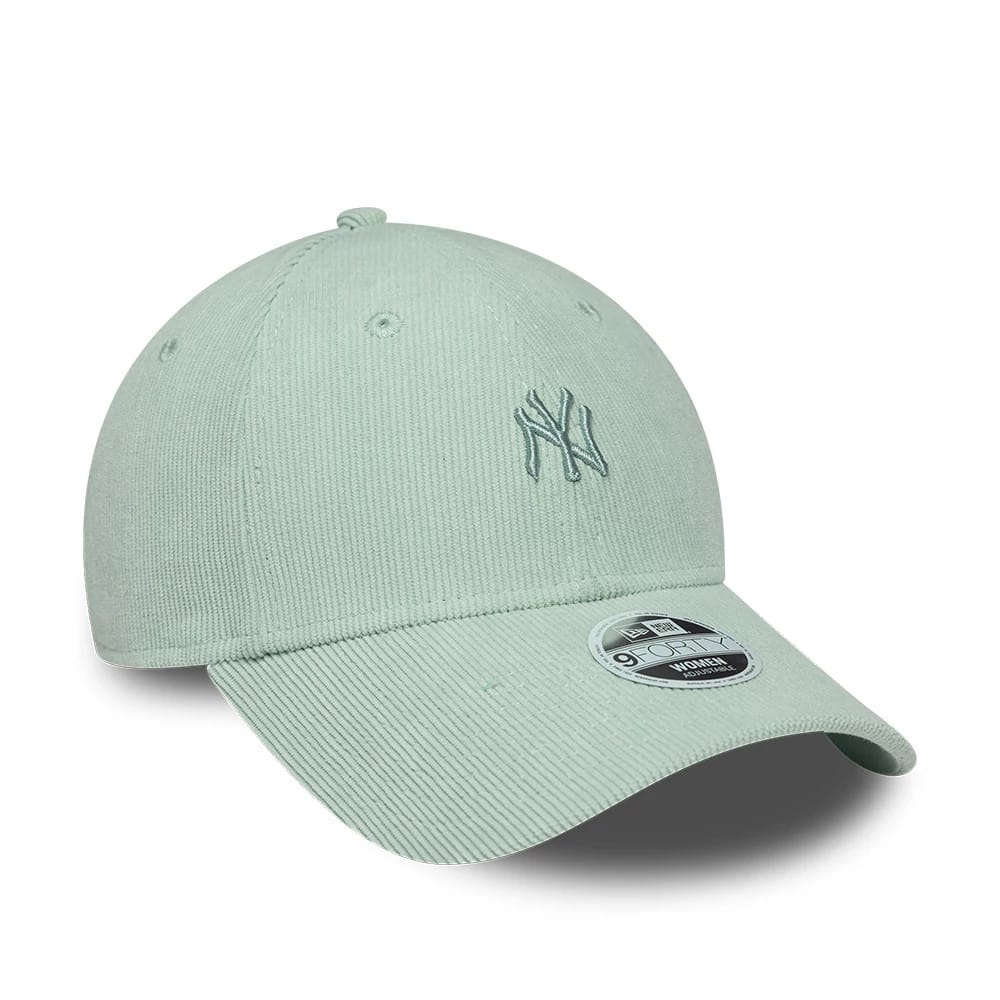 New York Yankees Womens MLB Cord Pastel Green New Era 9FORTY Adjustable Cap, three-quarter view showing the New York Yankees logo in raised embroidery on the front panel, curved visor with stitching, and a 9FORTY size sticker on top.