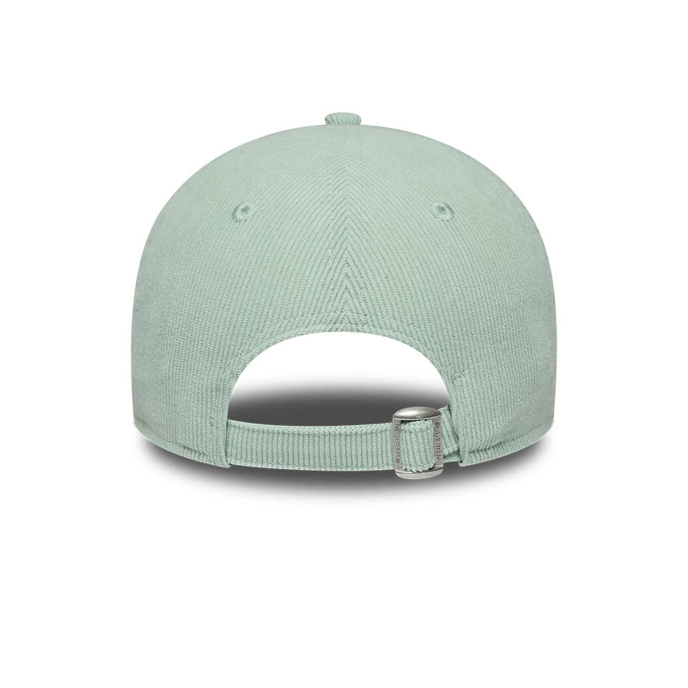 New York Yankees Womens MLB Cord Pastel Green New Era 9FORTY Adjustable Cap, rear view showing the silver buckle on the strap for custom fit, embroidered eyelets, and soft structured pastel green corduroy crown.