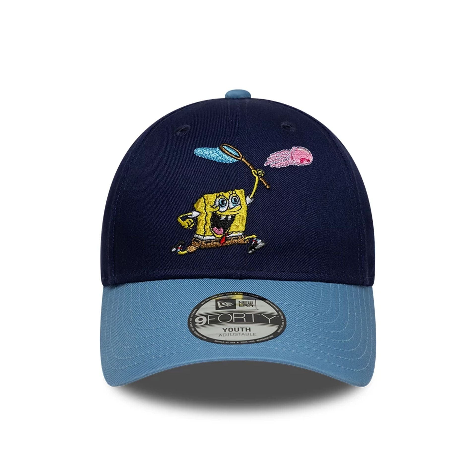 Pictured is this Youth Spongebob Squarepants Jellyfishing 9FORTY cap in dark blue. 2