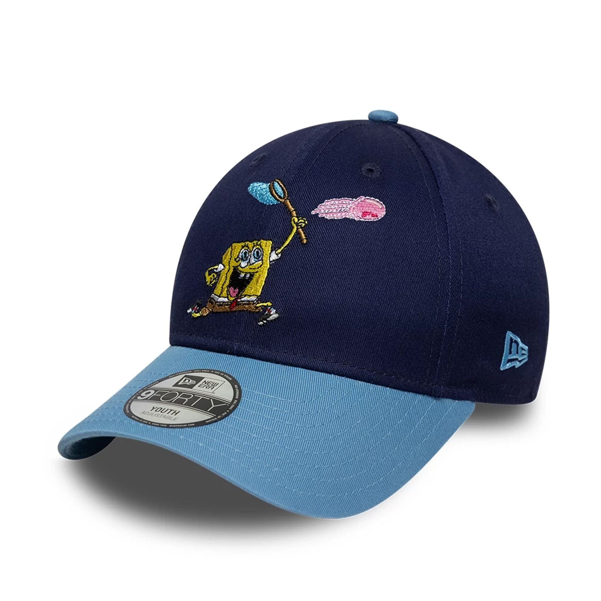 Pictured is this Youth Spongebob Squarepants Jellyfishing 9FORTY cap in dark blue. 1