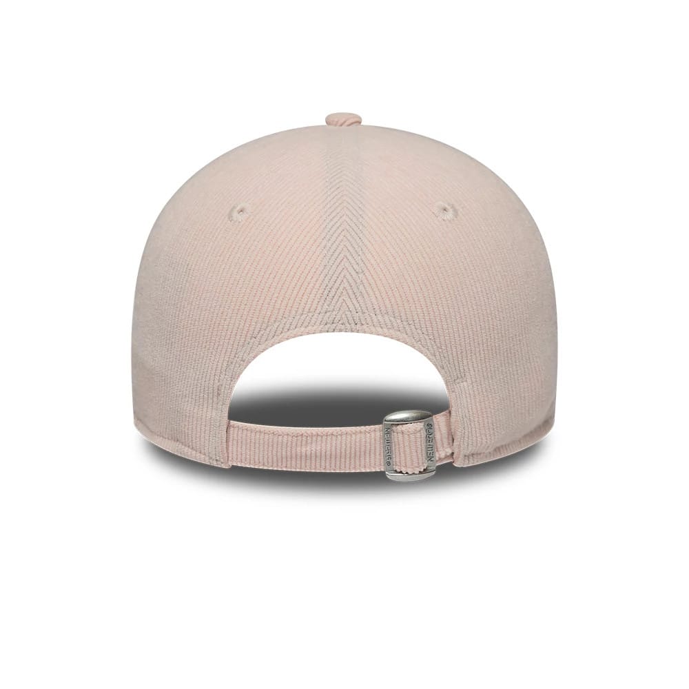 LA Dodgers Womens MLB Cord Pastel Pink New Era 9FORTY Adjustable Cap, rear view revealing the light pink structured crown, two embroidered eyelets, and a fabric strap with buckle for size adjustment.