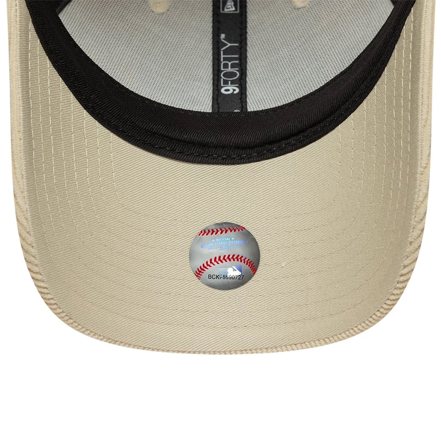New York Mets MLB Soft Cord Cream New Era 9FORTY Adjustable Cap, inside view showing a black sweatband, contrasting grey taping with the 9FORTY logo, and a distinctive baseball-themed inner sticker on the cream undervisor.