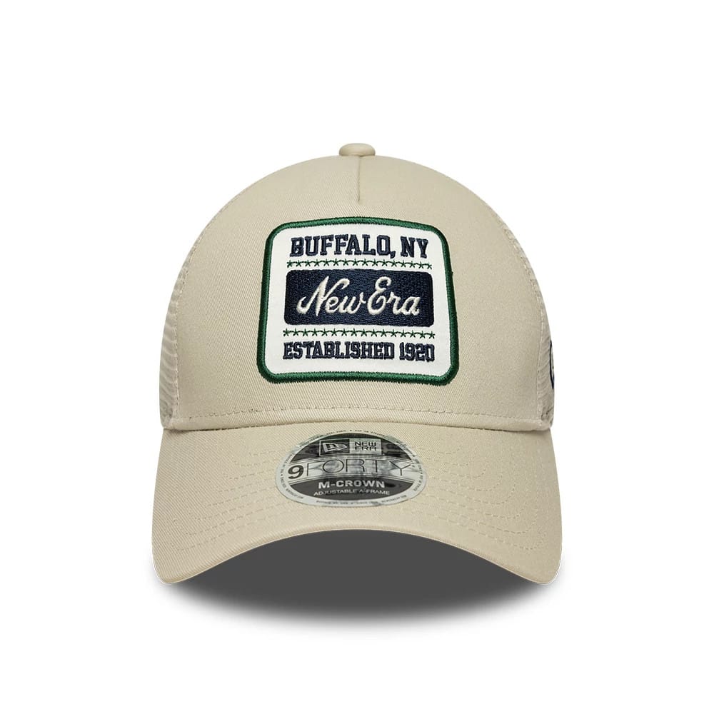 New Era Multi Patch Cream New Era 9FORTY M-Crown A-Frame Adjustable Cap, front view showing a large embroidered patch with Buffalo, NY and Established 1920 on the structured cream crown, with a 9FORTY size sticker on the visor.