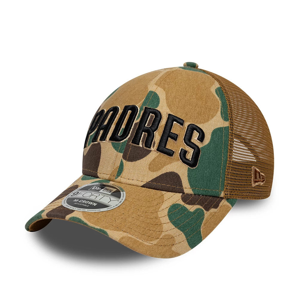 San Diego Padres MLB Wordmark Duck Camo New Era 9FORTY M-Crown Adjustable Cap, three-quarter view showing the raised black Padres lettering on the front panel, camouflage pattern on the visor, and a 9FORTY size sticker on the top of the visor.