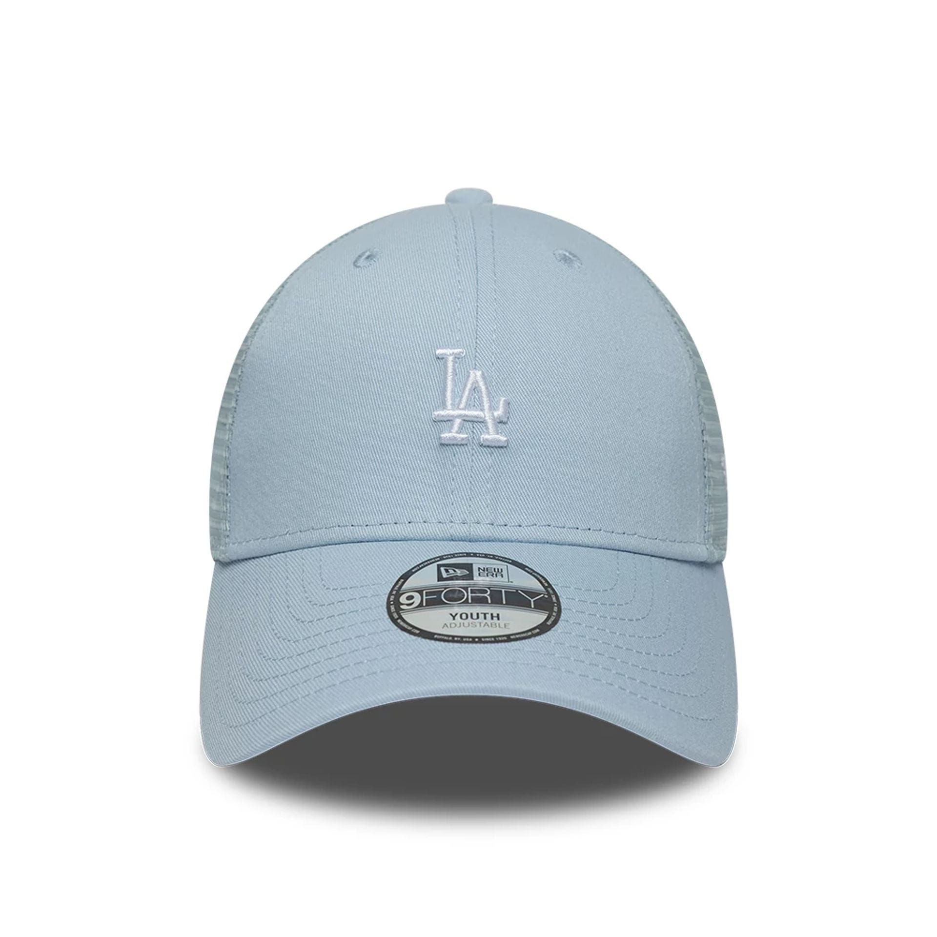 Pictured is this Youth MLB Homefield LA Dodgers 9FORTY Trucker cap in pastel blue. 2