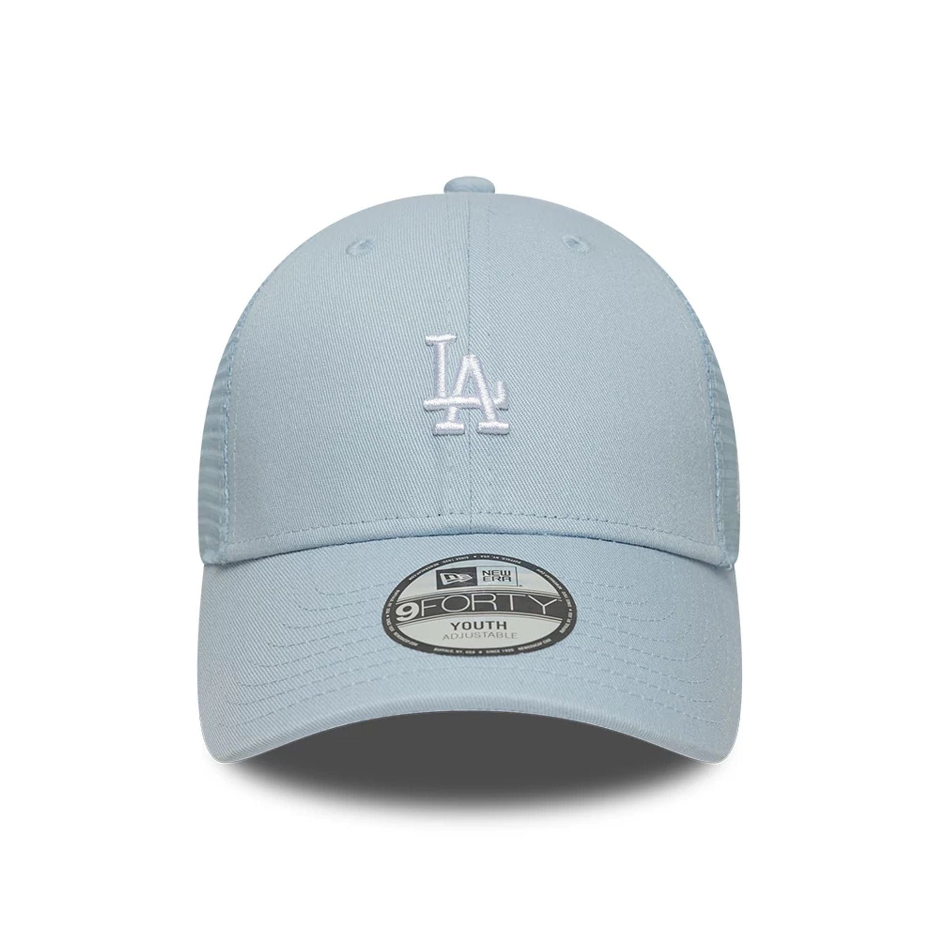Pictured is this Youth MLB Homefield LA Dodgers 9FORTY Trucker cap in pastel blue. 2