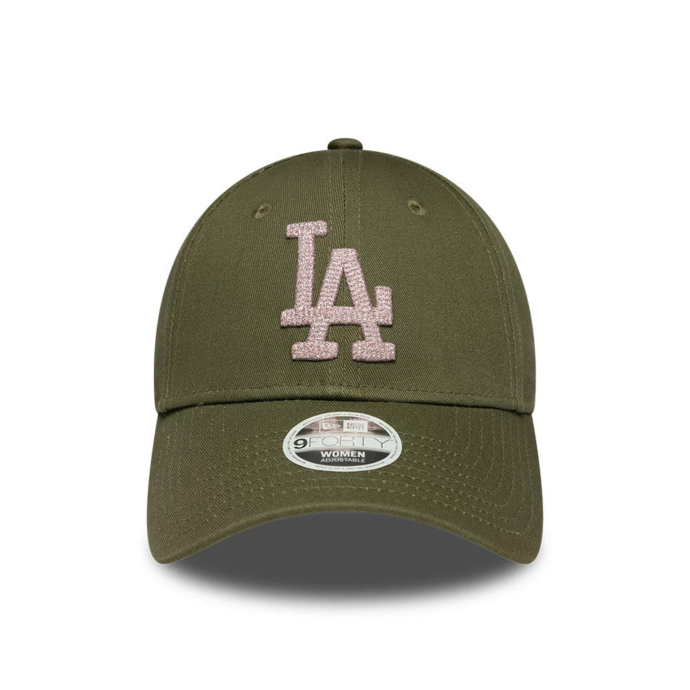 LA Dodgers Womens MLB Metallic Dark Green New Era 9FORTY Adjustable Cap, front view showing a pink glittered LA logo embroidered on the structured dark green crown, with a curved visor and a 9FORTY size sticker on the visor.