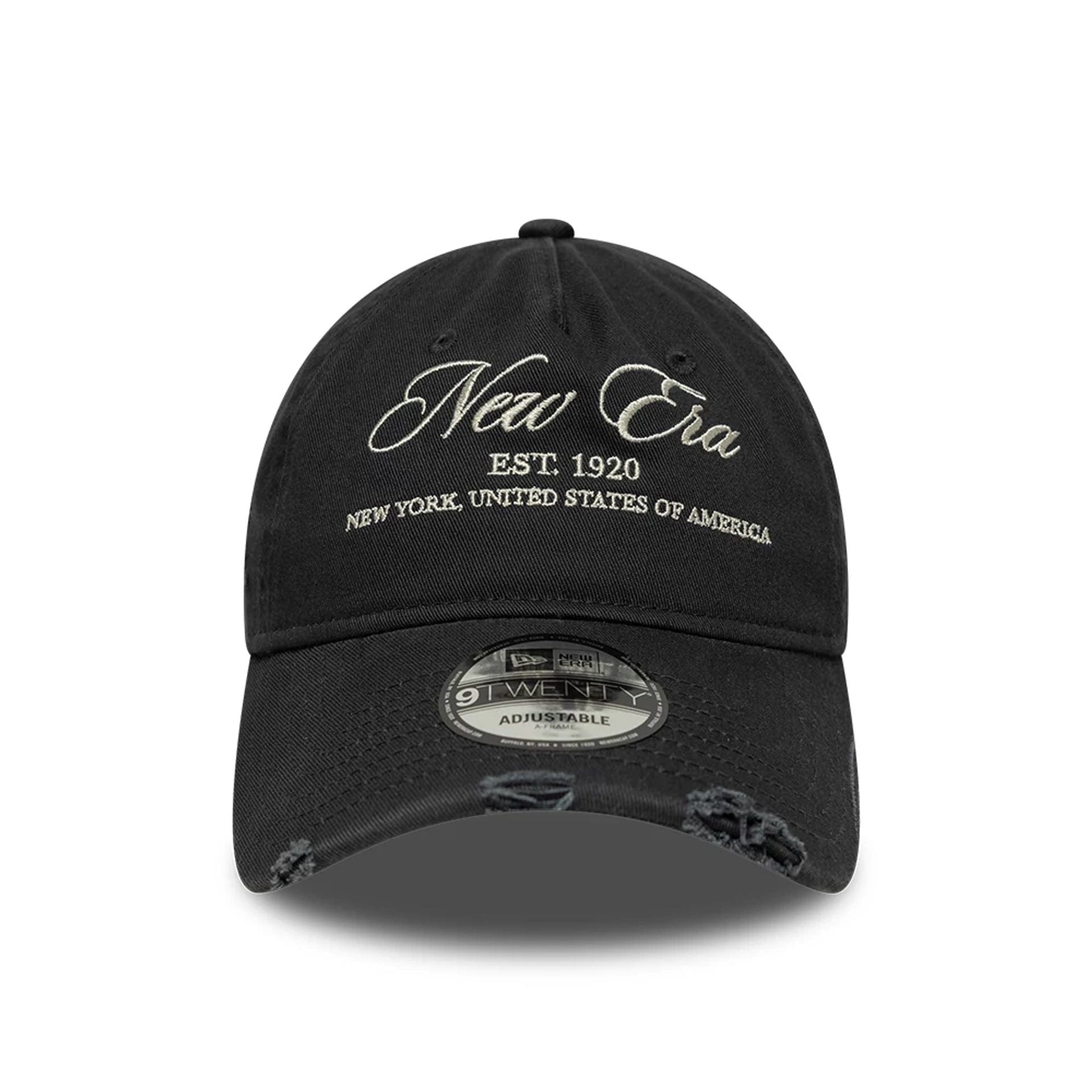 Pictured is this New Era Wash Distress 9TWENTY A-Frame cap in charcoal. 2