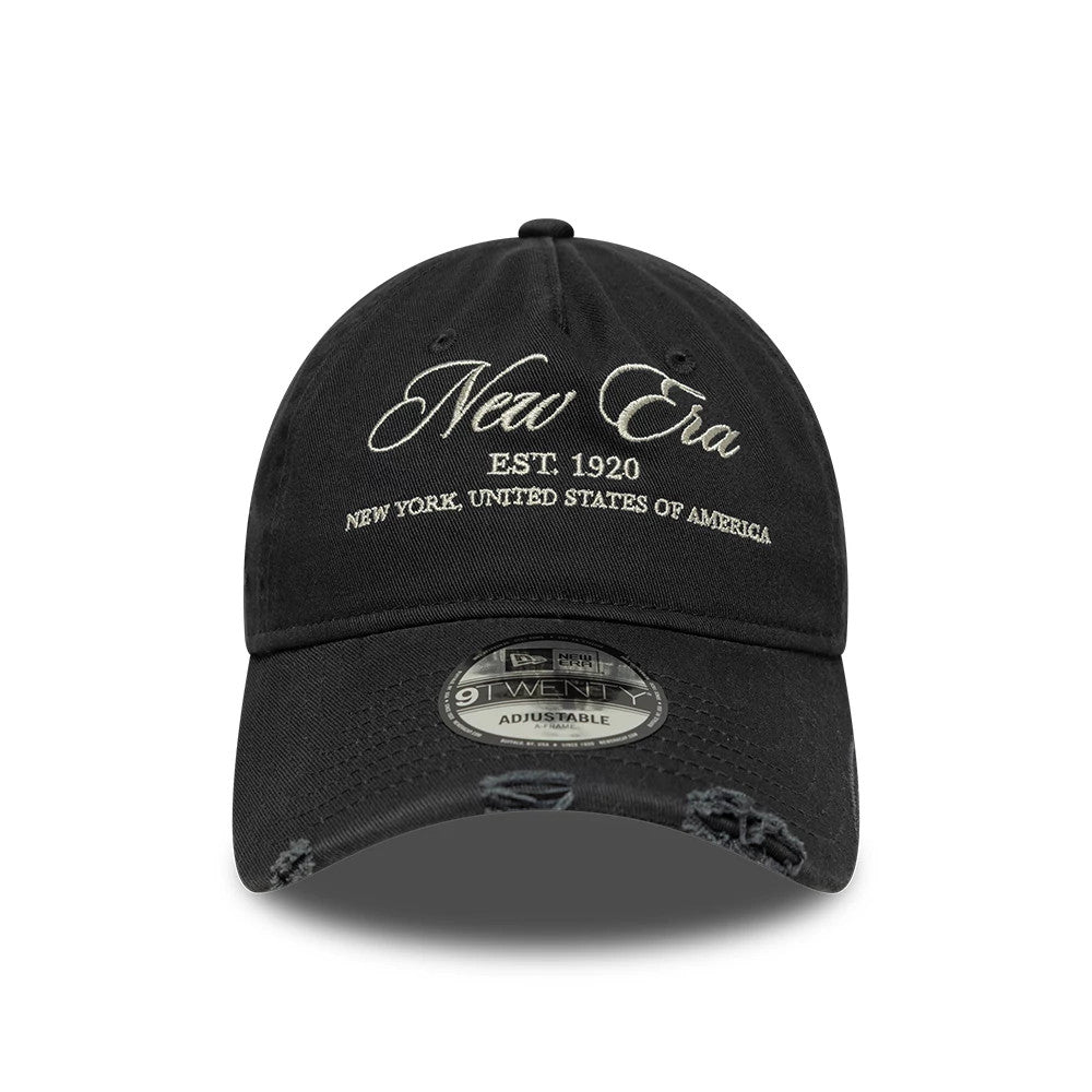 New Era Wash Distress Charcoal New Era 9TWENTY A-Frame Adjustable Cap, front view showing cream embroidered New Era script across the crown, with New York, United States of America text.