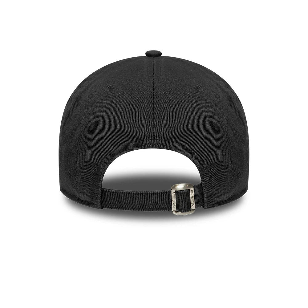 New Era Wash Distress Charcoal 9TWENTY A-Frame Adjustable Cap, rear view showing the curved charcoal crown with a distressed finish, an adjustable strap with a buckle, and a black top button centred between the back panels.