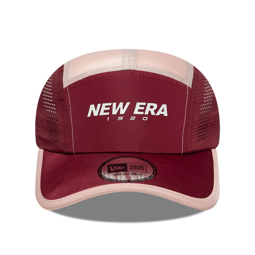 New Era Colour Block Dark Red Runner Adjustable Cap, front view showing white New Era 1920 embroidered text on the centre panel, with a dark red visor featuring a matching New Era adjustable size sticker and contrasting light pink trim.