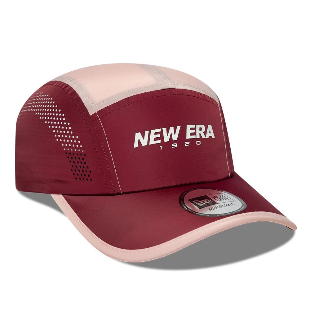 New Era Colour Block Dark Red Runner Adjustable Cap, front view showing a white New Era 1920 logo on the structured dark red front panel, with a pink visor and a 9FORTY size sticker on a curved visor.