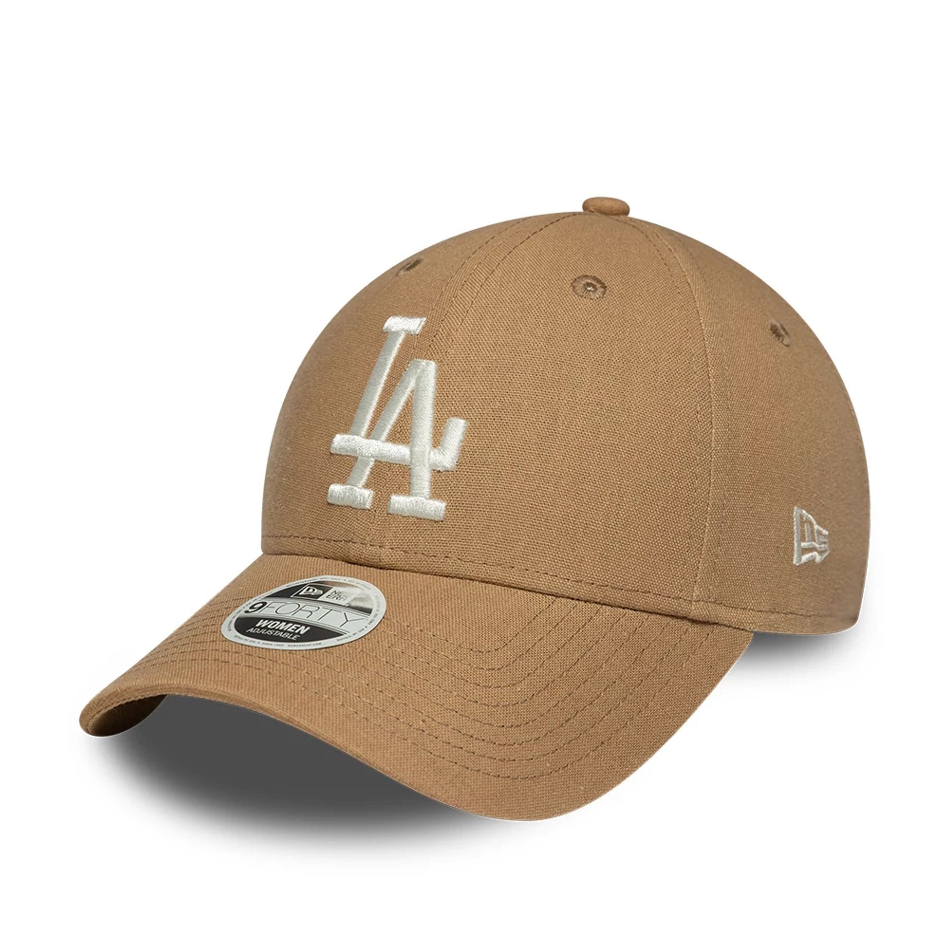 Pictured is this Womens MLB Linen LA Dodgers 9FORTY cap in Dark Beige. 1