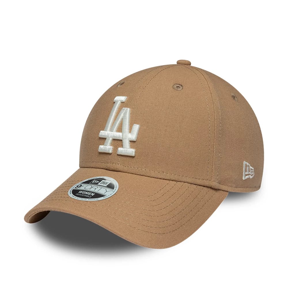 Pictured is this Womens MLB Linen LA Dodgers 9FORTY cap in Dark Beige. 1