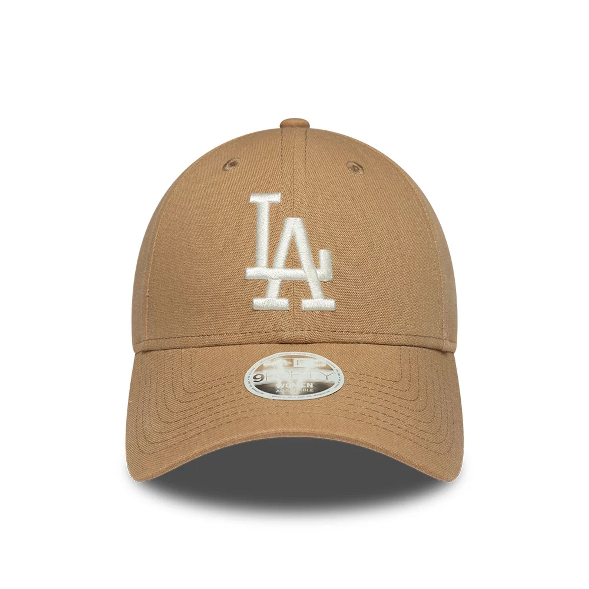 Pictured is this Womens MLB Linen LA Dodgers 9FORTY cap in Dark Beige. 2