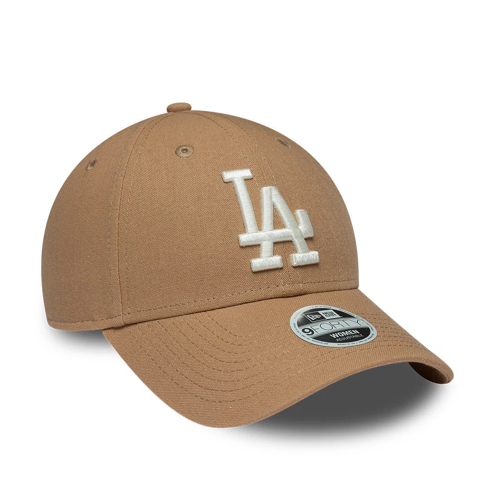 LA Dodgers Womens MLB Linen Dark Beige New Era 9FORTY Adjustable Cap, three-quarter view showing the raised white LA logo embroidered on the front panel, with a curved visor and a 9FORTY size sticker on the top.