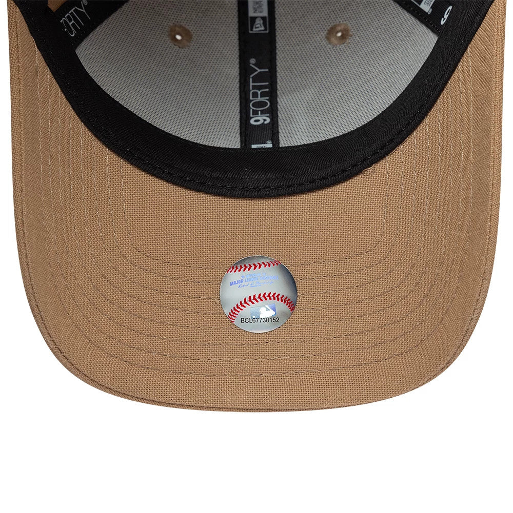 LA Dodgers Womens MLB Linen Dark Beige New Era 9FORTY Adjustable Cap, inside view showing a black sweatband with labels, black New Era taping, and a dark undervisor with an MLB authentication sticker.