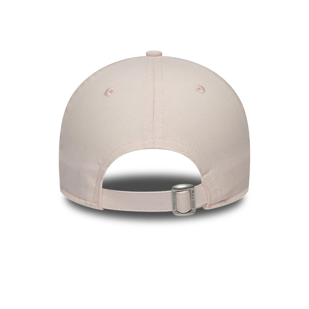 New York Yankees Womens MLB Linen Pastel Pink New Era 9FORTY Adjustable Cap, rear view showing the buckle on the adjustable strap, with embroidery around the eyelets and a soft pastel pink fabric covering the structured back panels.