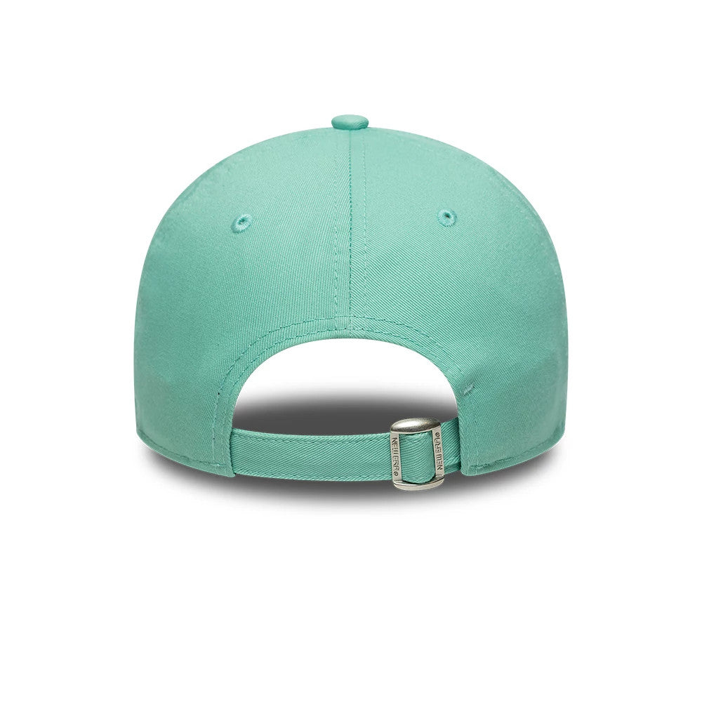 New York Yankees MLB League Essential Pastel Green New Era 9TWENTY Adjustable Cap, rear view showing a buckle closure on the pastel green strap, two embroidered eyelets on the structured back panels, and a top button on the crown.