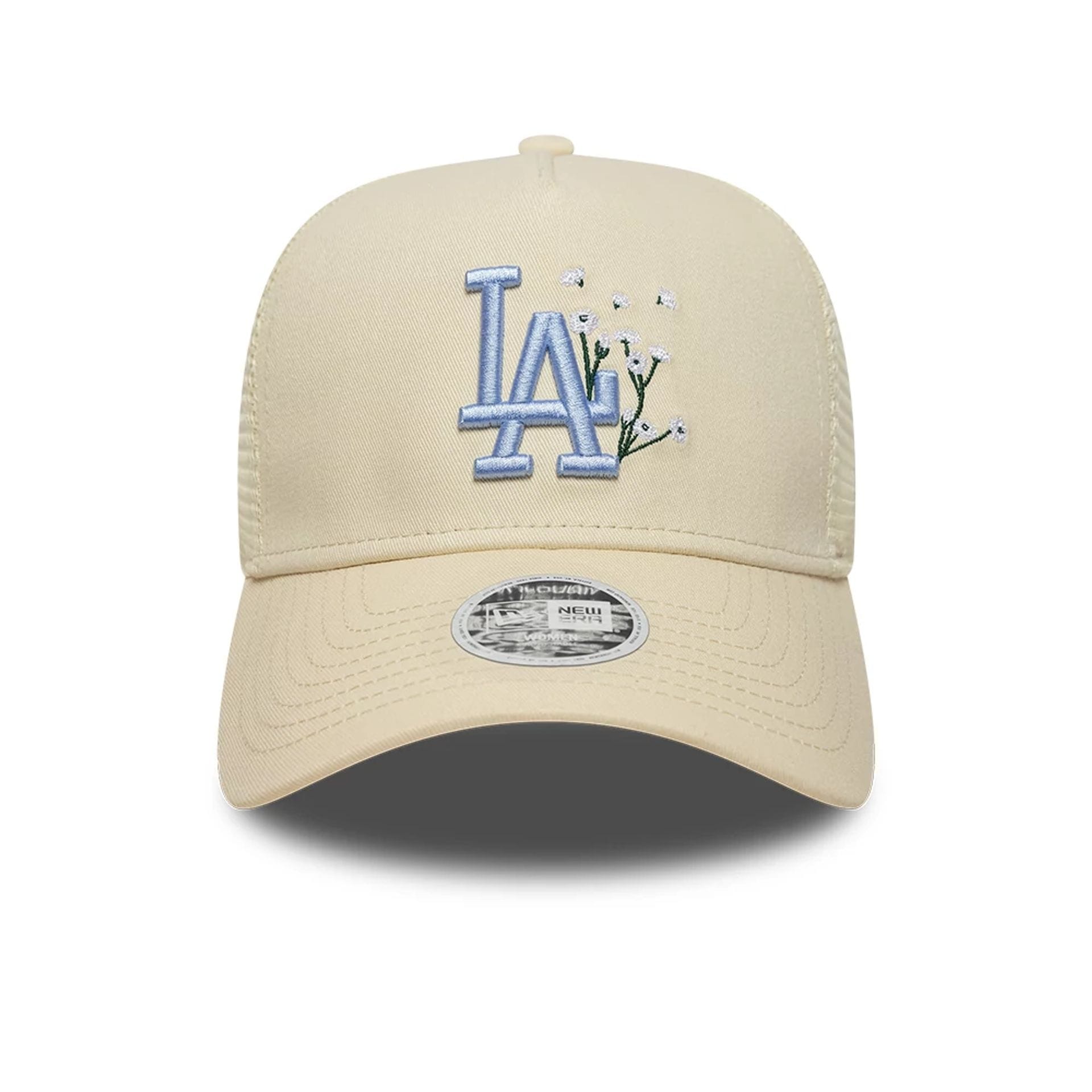 Pictured is this Womens MLB Floral LA Dodgers 9FORTY A-Frame Trucker cap in light beige. 2