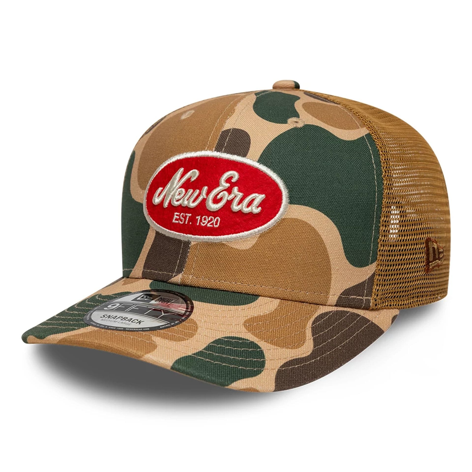Pictured is this New Era Duck Camo 9FIFTY Snapback cap in beige. 1