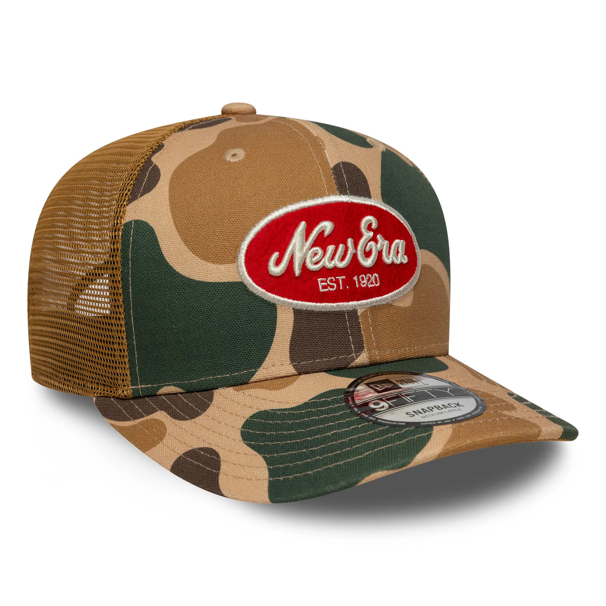 Pictured is this New Era Duck Camo 9FIFTY Snapback cap in beige. 3
