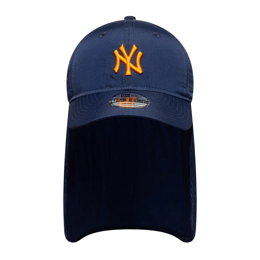 New York Yankees Child MLB Sun Shield Navy New Era 9FORTY Adjustable Cap, front view showing the orange embroidered NY logo on the structured navy crown, with a navy visor and 9FORTY size sticker, plus an extended navy sun shield at the back.