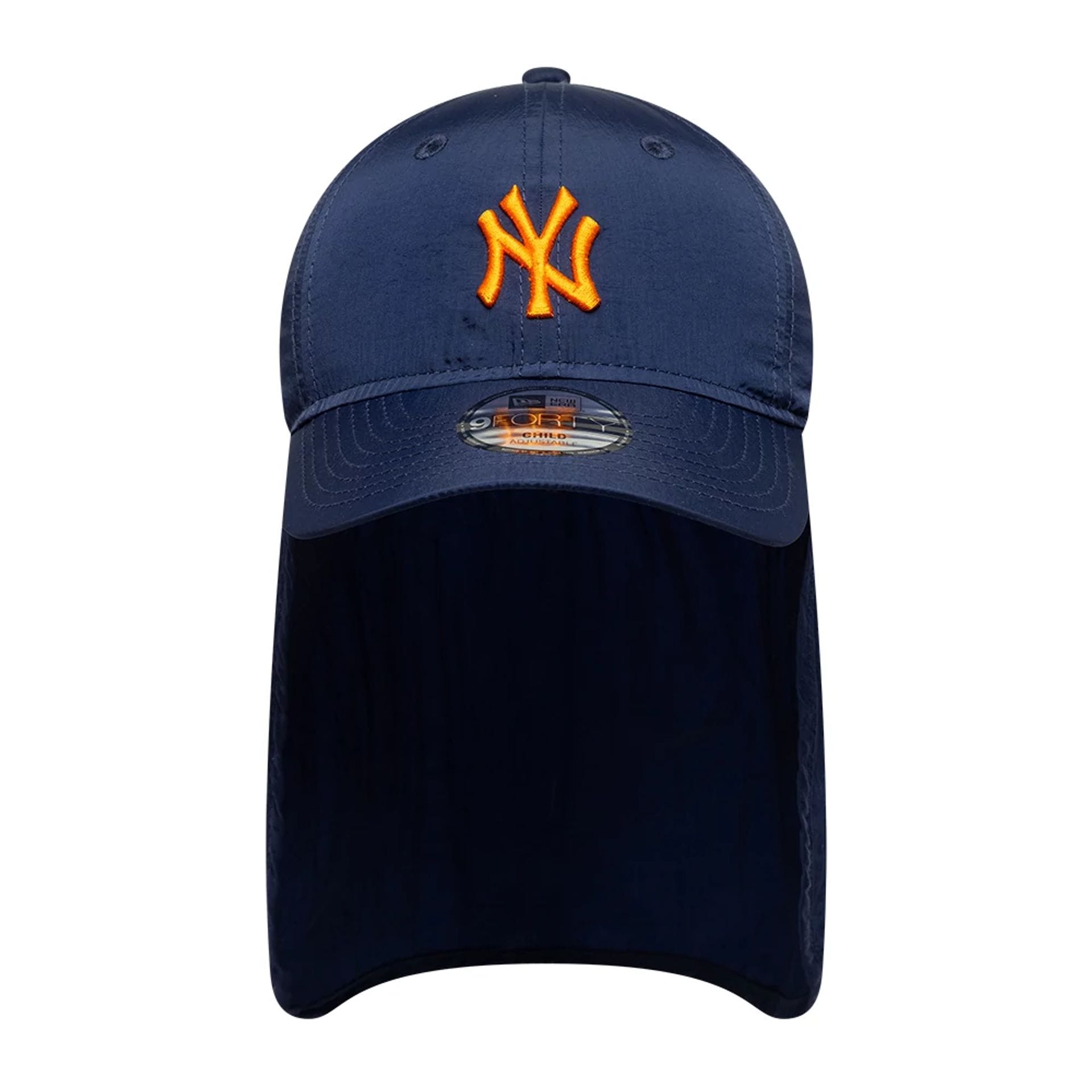 Pictured is this Child MLB Sun Shield New York Yankees 9FORTY cap in navy. 2