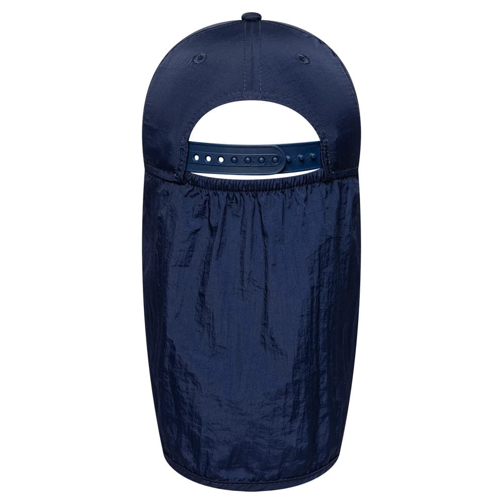 New York Yankees Child MLB Sun Shield Navy New Era 9FORTY Adjustable Cap, rear view showing the navy sun shield draping from the structured crown, with a navy adjustable snap closure at the back and embroidered eyelets on top.