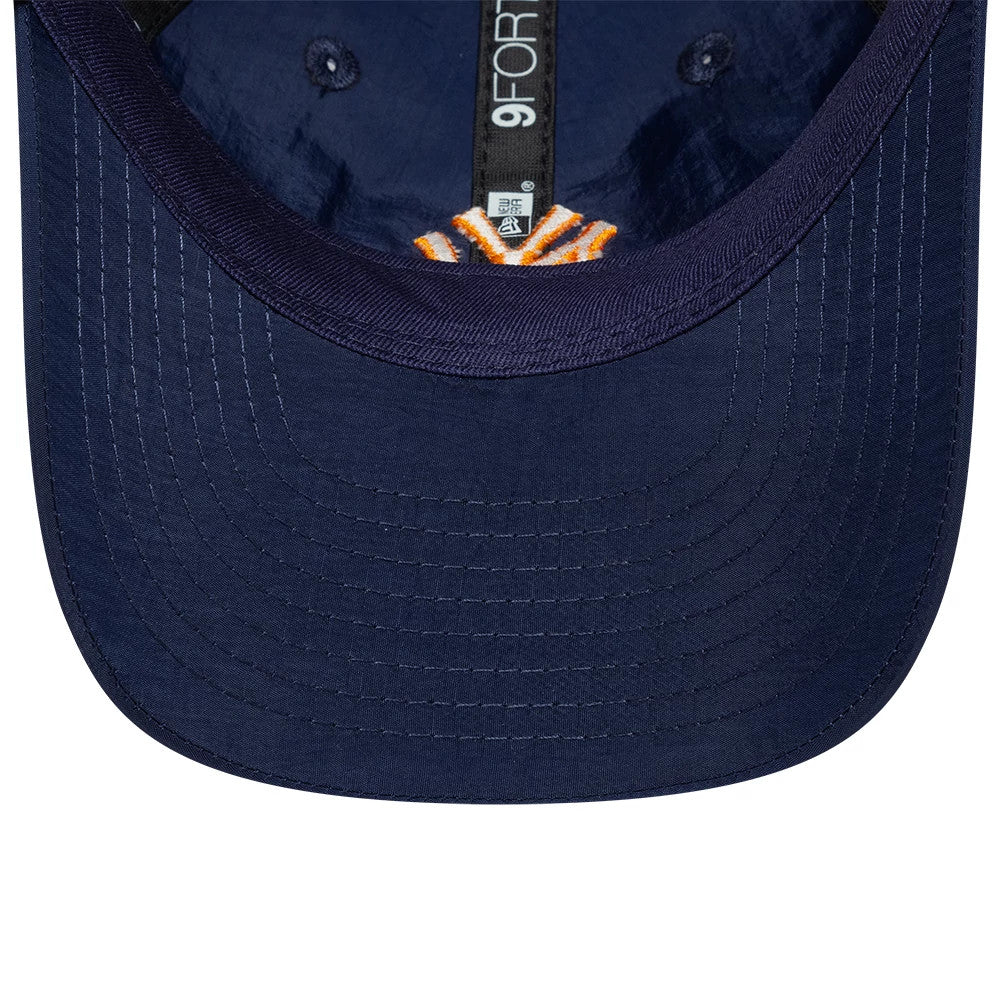 New York Yankees Child MLB Sun Shield Navy New Era 9FORTY Adjustable Cap, inside view showing the black sweatband with white branding, navy undervisor with detailed stitching, and an embroidered Yankees logo on the front panel.