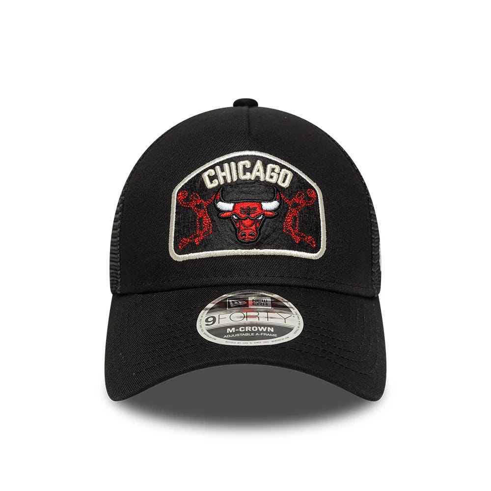 Pictured is this NBA Chicago Bulls 9FORTY M-Crown A-Frame Trucker cap in black. 2