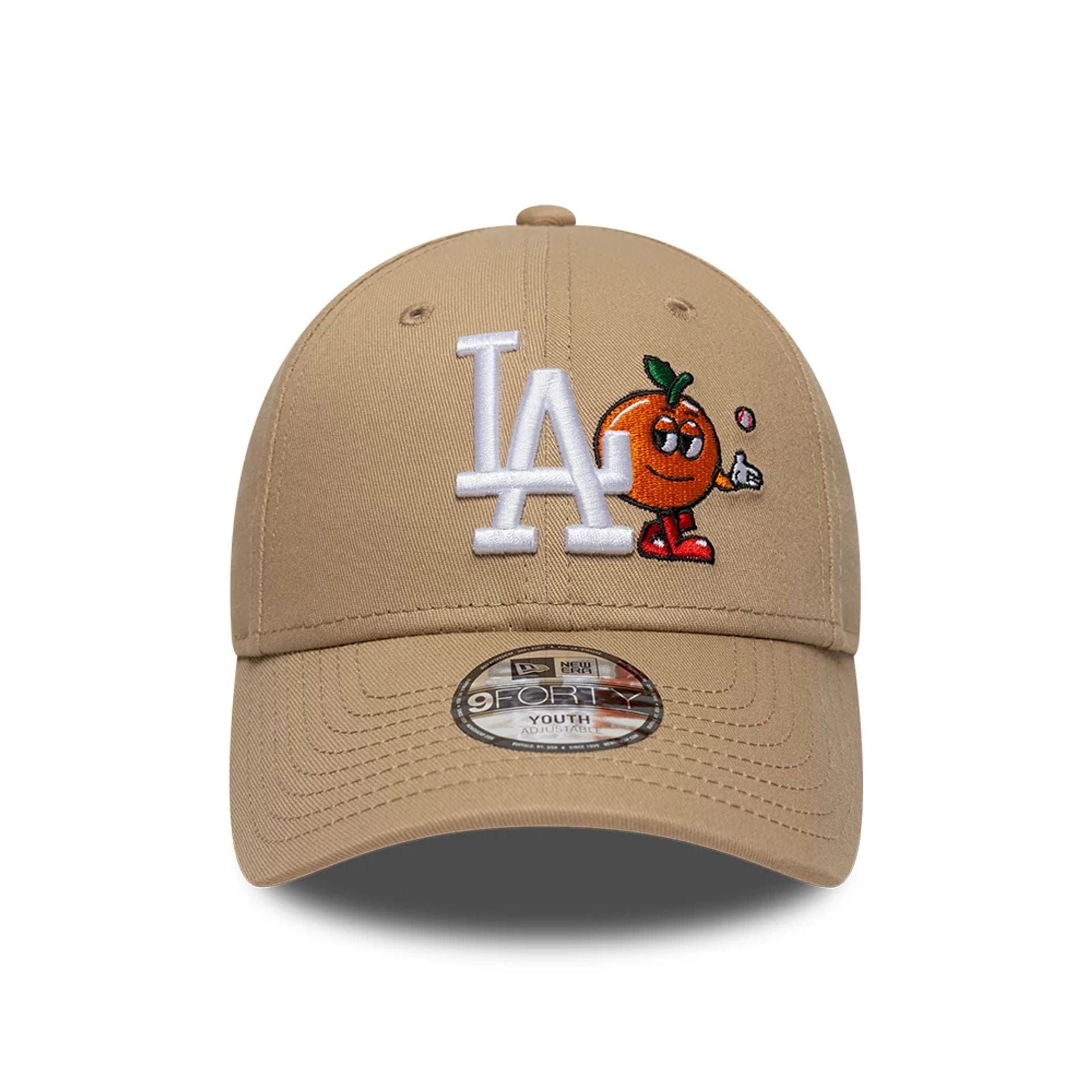 Pictured is this Youth MLB Icon LA Dodgers 9FORTY cap in light beige. 2