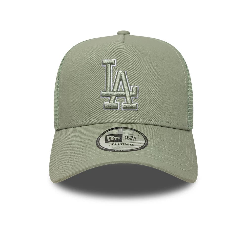 Pictured is this MLB Outline LA Dodgers 9FORTY E-Frame Trucker cap in pastel green. 2