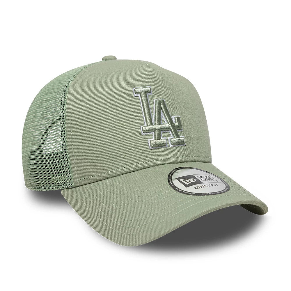 Pictured is this MLB Outline LA Dodgers 9FORTY E-Frame Trucker cap in pastel green. 3