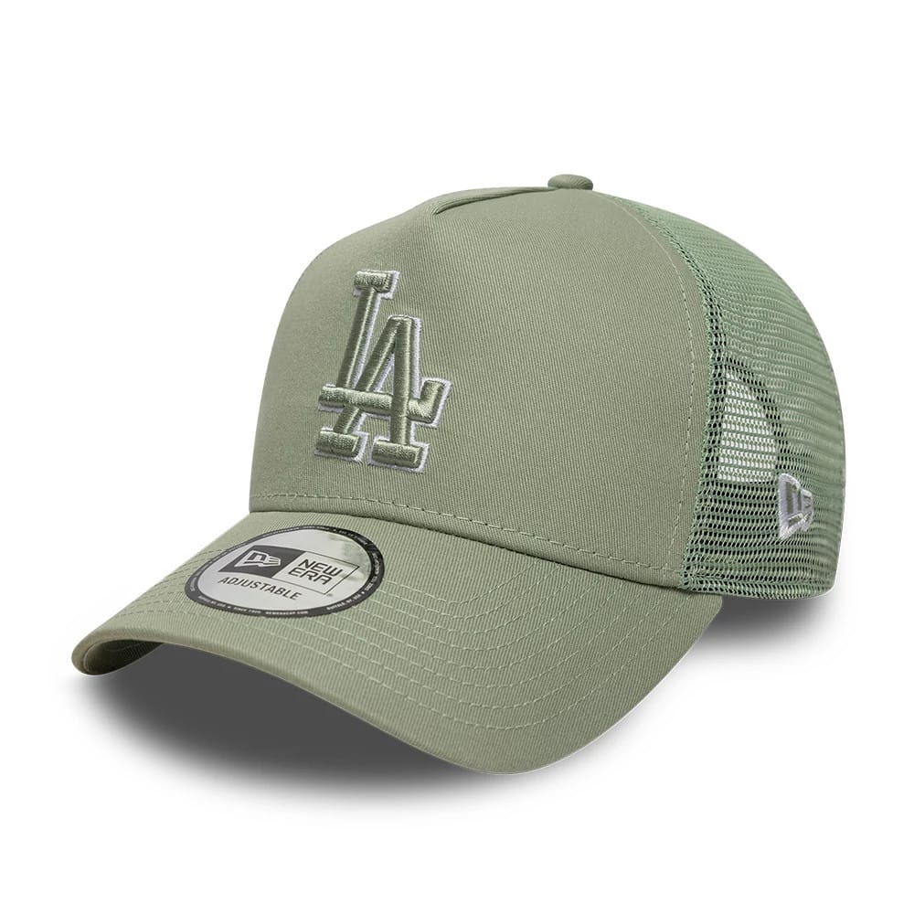 Pictured is this MLB Outline LA Dodgers 9FORTY E-Frame Trucker cap in pastel green. 1