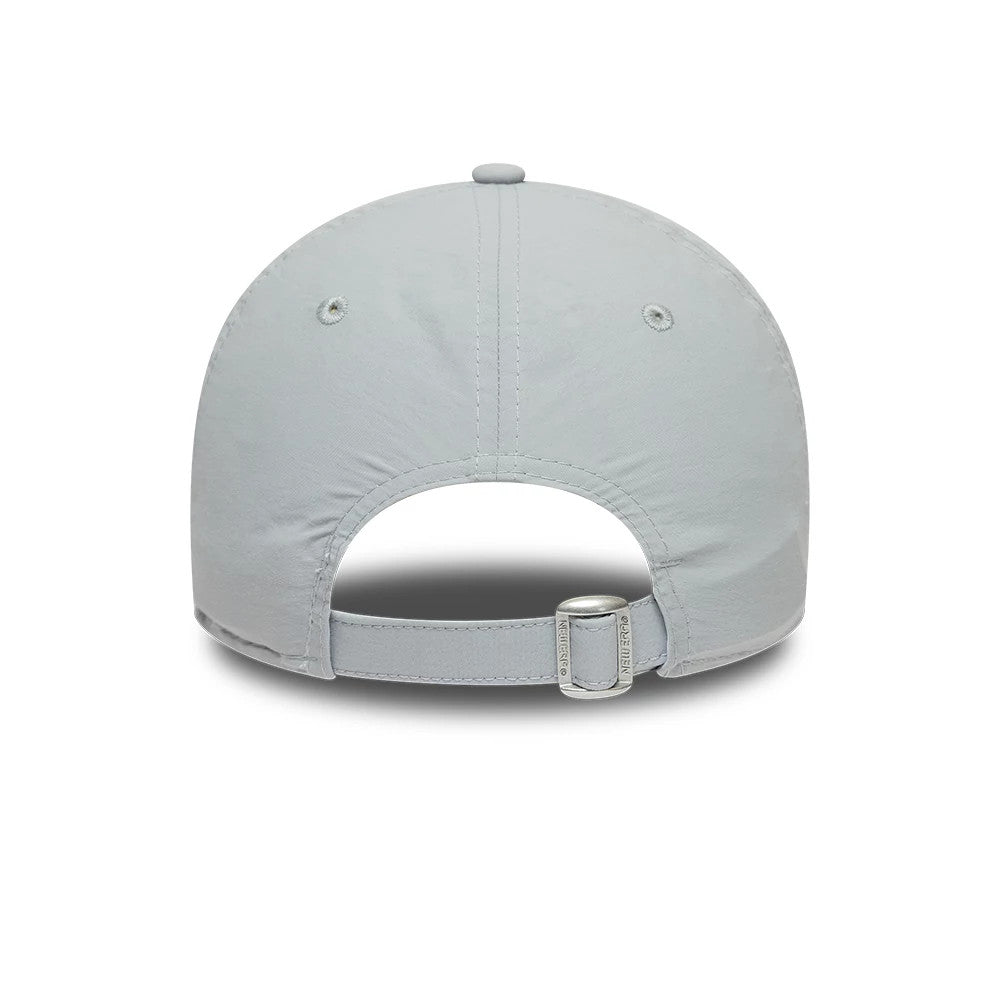 LA Dodgers MLB Recycled Grey New Era 9TWENTY Adjustable Cap, rear view showing an adjustable fabric strap with a buckle, grey embroidered eyelets on each panel, and a soft, unstructured grey crown.