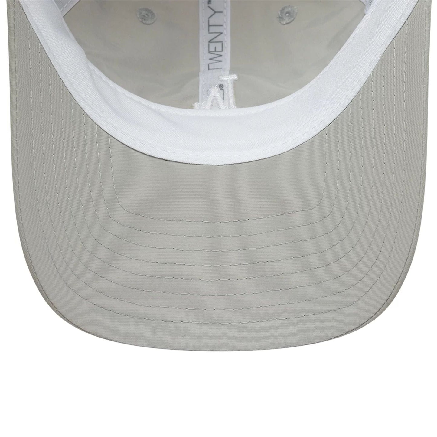 LA Dodgers MLB Recycled Grey New Era 9TWENTY Adjustable Cap, inside view showing white taping with the 9TWENTY logo, white sweatband, and grey undervisor featuring a holographic sticker with red baseball stitching.