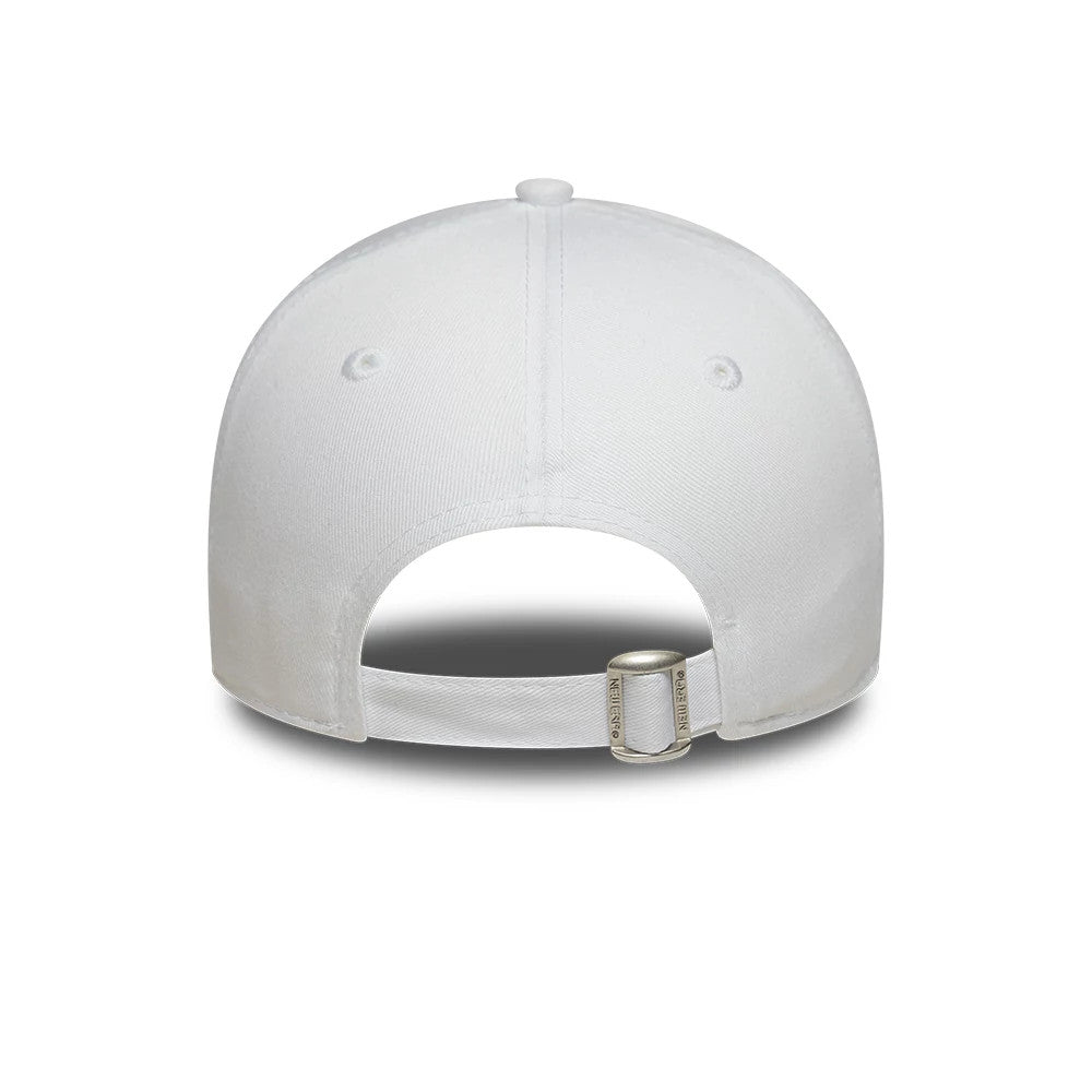 New York Yankees Womens MLB League Essential White New Era 9FORTY Adjustable Cap, rear view showing the clean white structured crown with eyelets, a low-profile back strap featuring a buckle, and a seamless transition to the curved visor.