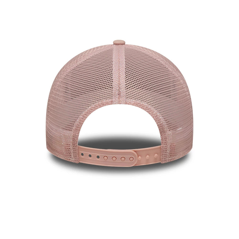 New York Yankees MLB Outline Pastel Pink New Era 9FORTY E-Frame Trucker Adjustable Cap, rear view showing the pastel pink mesh back panels, an adjustable snap closure with multiple holes for size adjustment, and a matching top button.