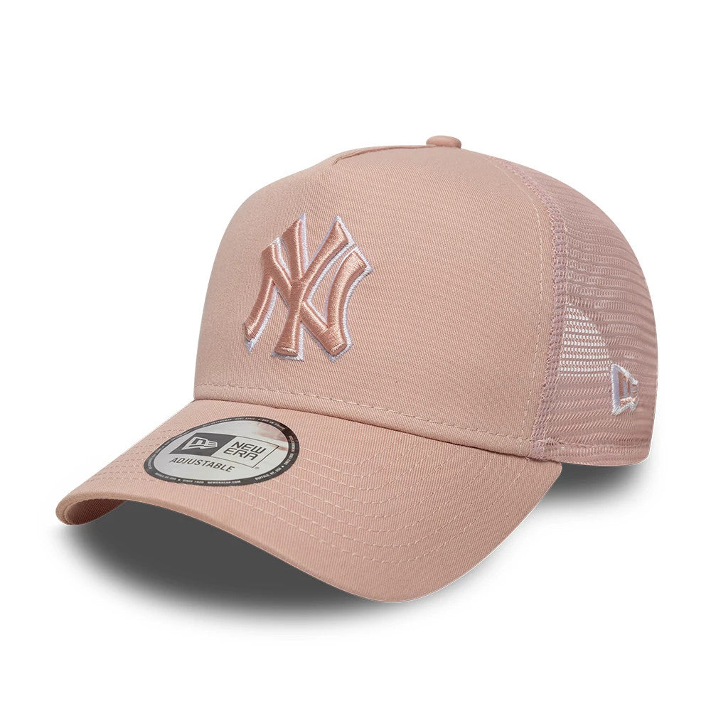 New York Yankees MLB Outline Pastel Pink New Era 9FORTY E-Frame Trucker Adjustable Cap, three-quarter view showing raised pink NY logo embroidery on the front panel, pastel pink curved visor with a 9FORTY size sticker.