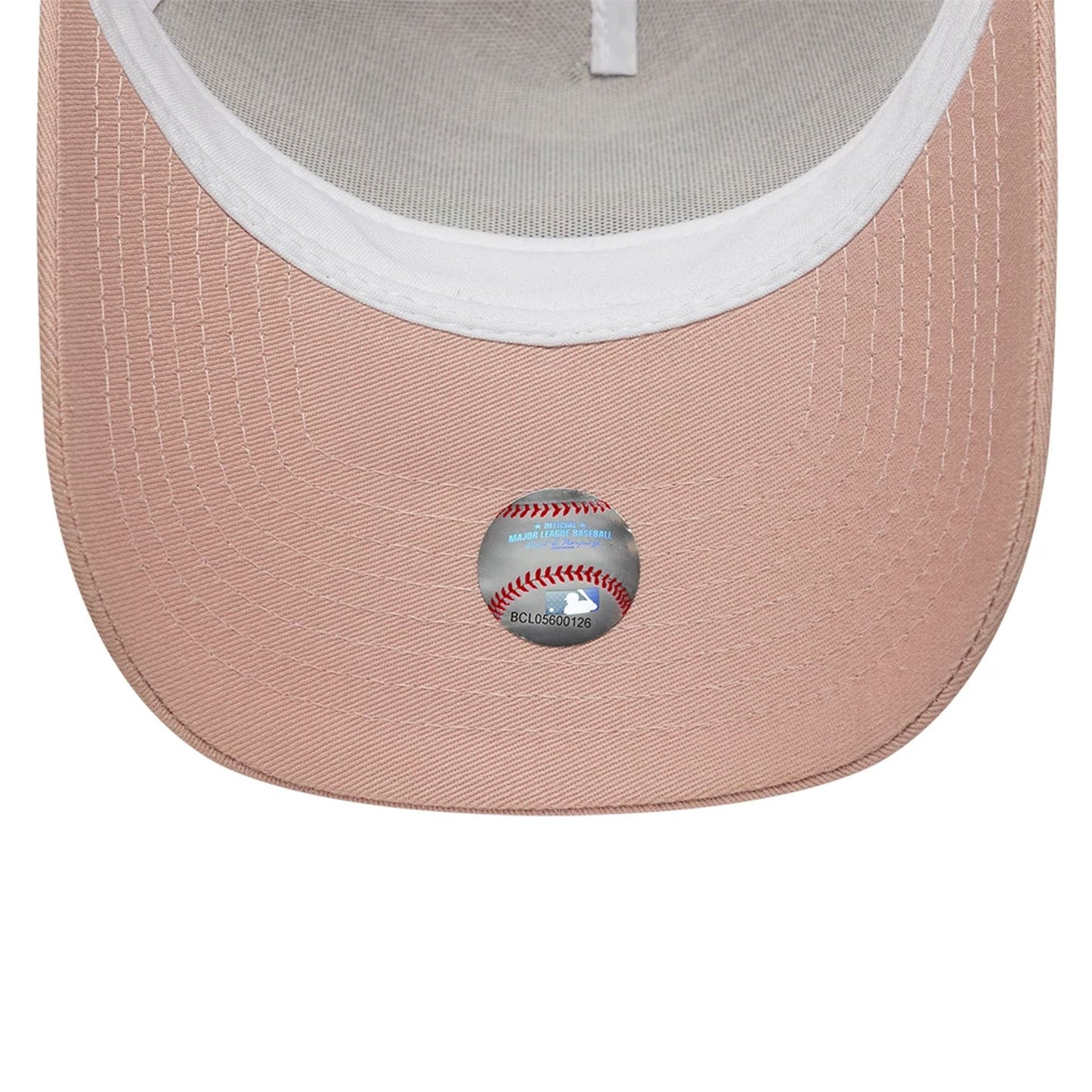Pictured is this MLB Outline New York Yankees 9FORTY E-Frame Trucker cap in pastel pink. 5