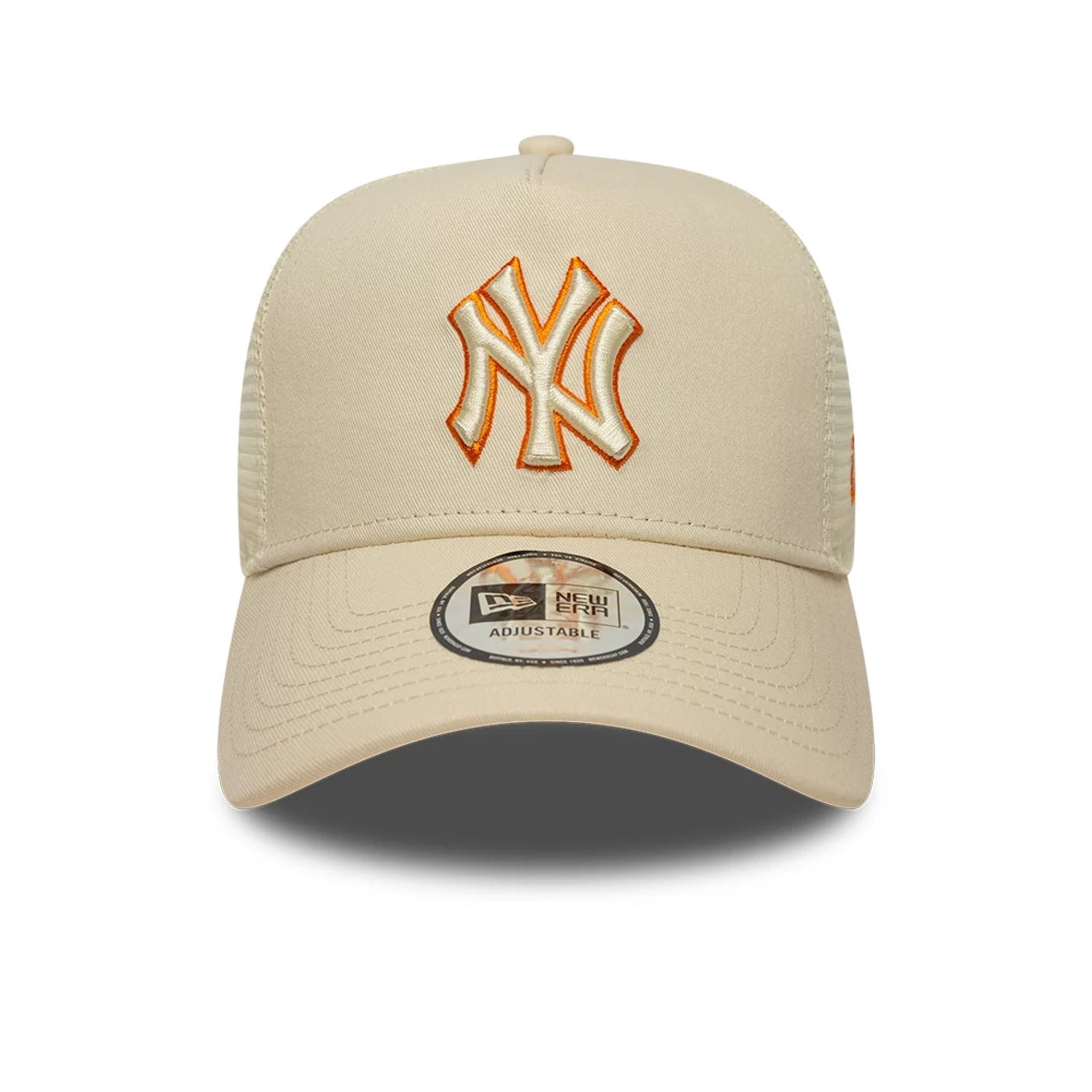 Pictured is this MLB Outline New York Yankees 9FORTY E-Frame Trucker cap in cream. 2