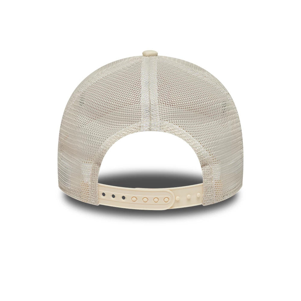 New York Yankees MLB Outline Cream New Era 9FORTY E-Frame Trucker Adjustable Cap, rear view showing the cream mesh back panels, a cream plastic adjustable snap closure, and the cap's structured E-Frame crown design.
