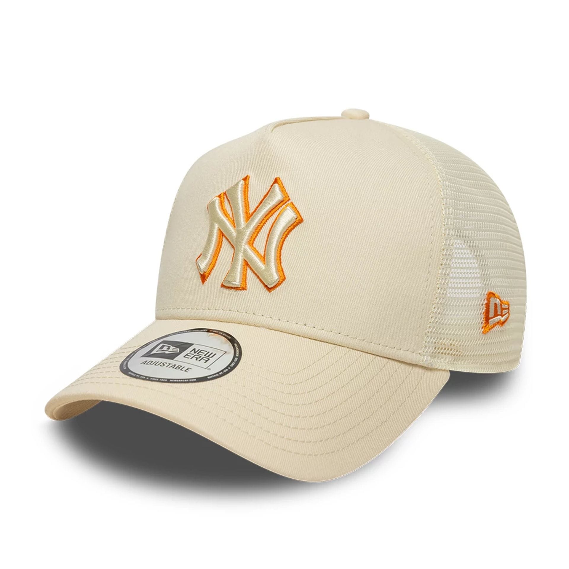 Pictured is this MLB Outline New York Yankees 9FORTY E-Frame Trucker cap in cream. 1