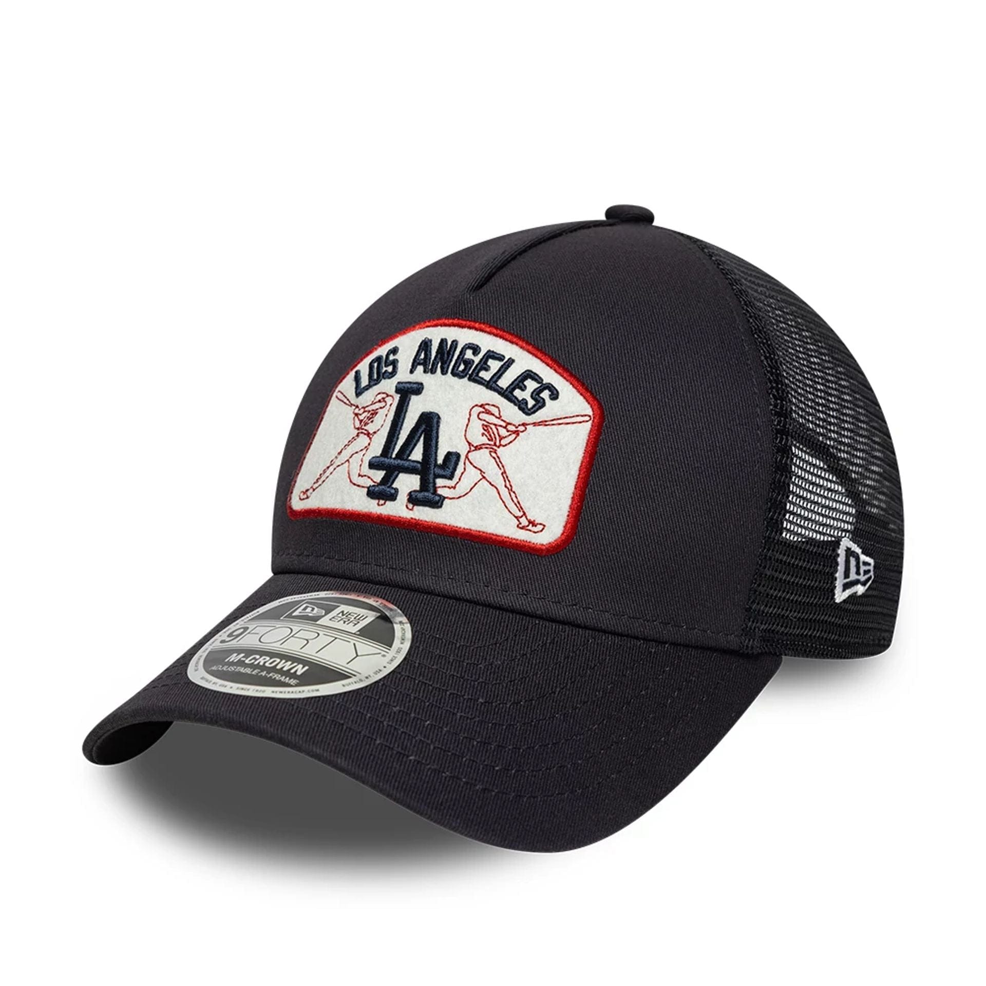 Pictured is this MLB Patch LA Dodgers 9FORTY M-Crown A-Frame Trucker cap in navy. 1